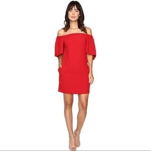 Trina Turk off-shoulder red dress with pockets